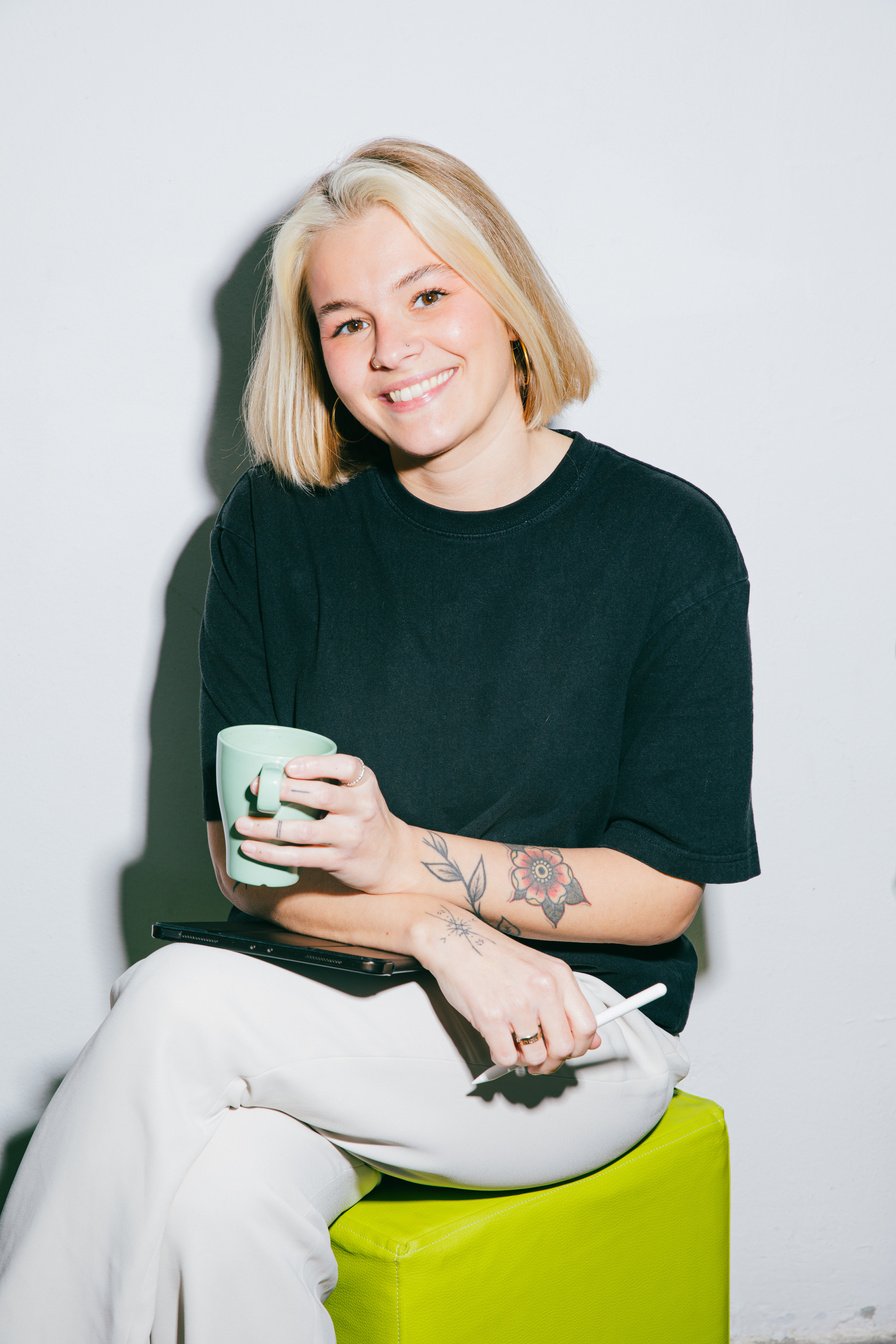 High Flash People Portraits Woman Sitting Holding a Mug